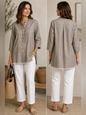 Susans USA Cotton Poplin Mandarin Collar Tunic Shirt M Taupe Shell Buttons